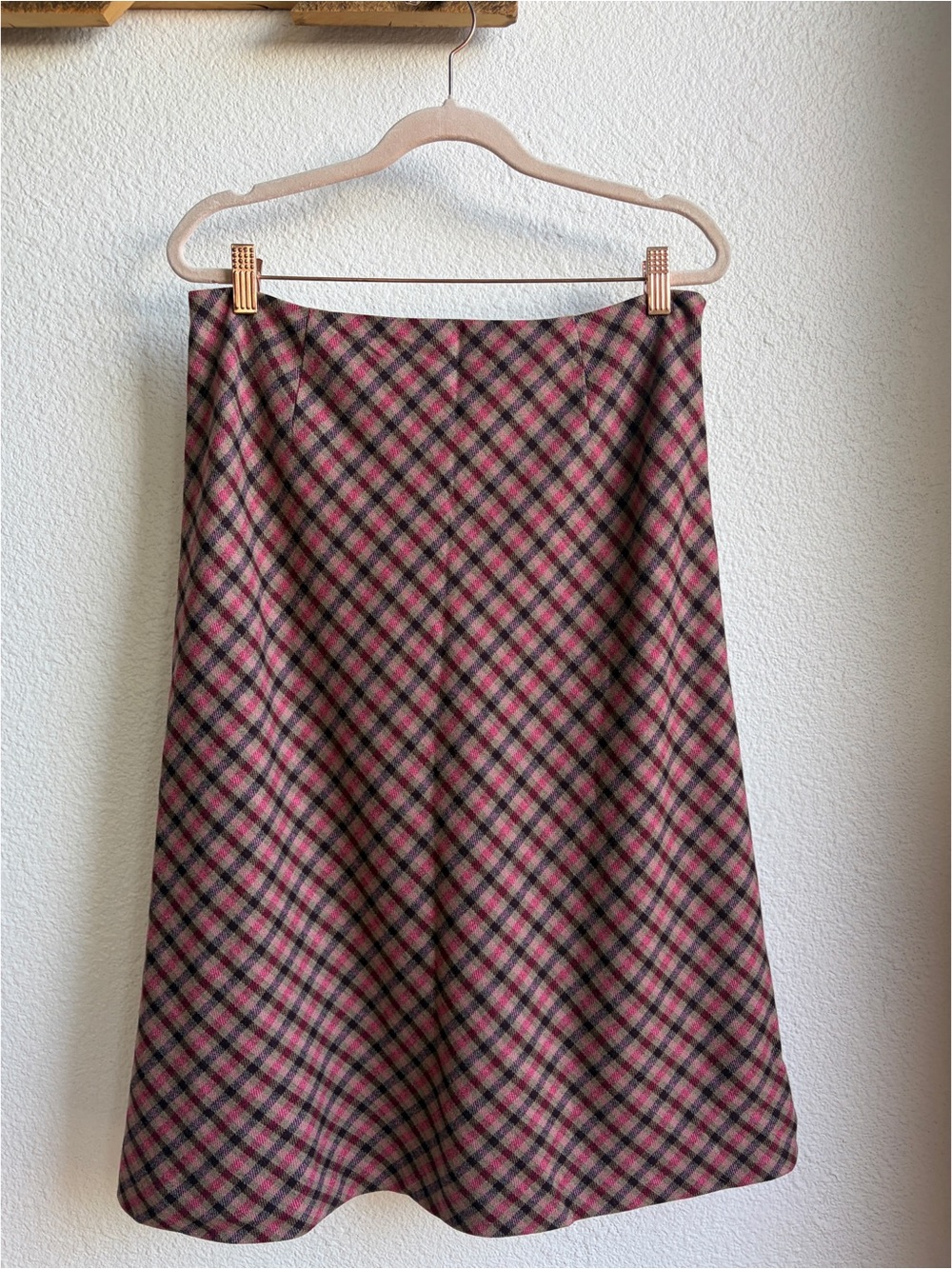 Vintage 90s Pink, Tan and Purple Plaid Wool Bias Cut Midi Skirt 10